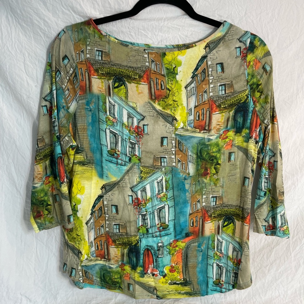 Peck & Peck Blouse Women's Size MP Multicolor House Cities 3/4 Sleeve Top